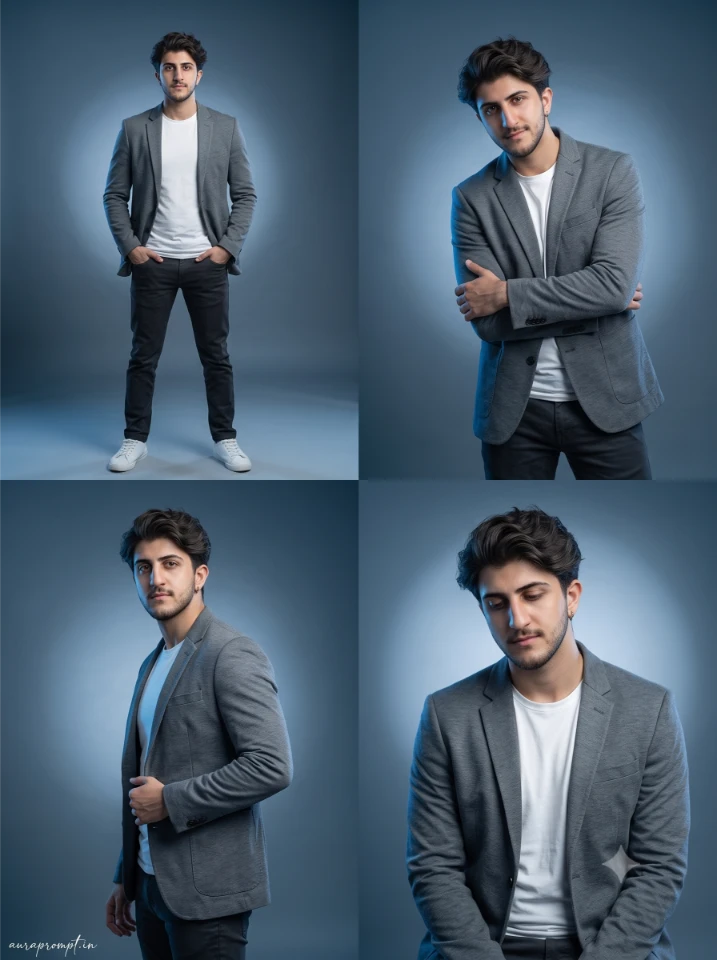 AI grid collage prompt showing a boy in a grey structured jacket with four mood-based expressions under cool blue studio lighting.