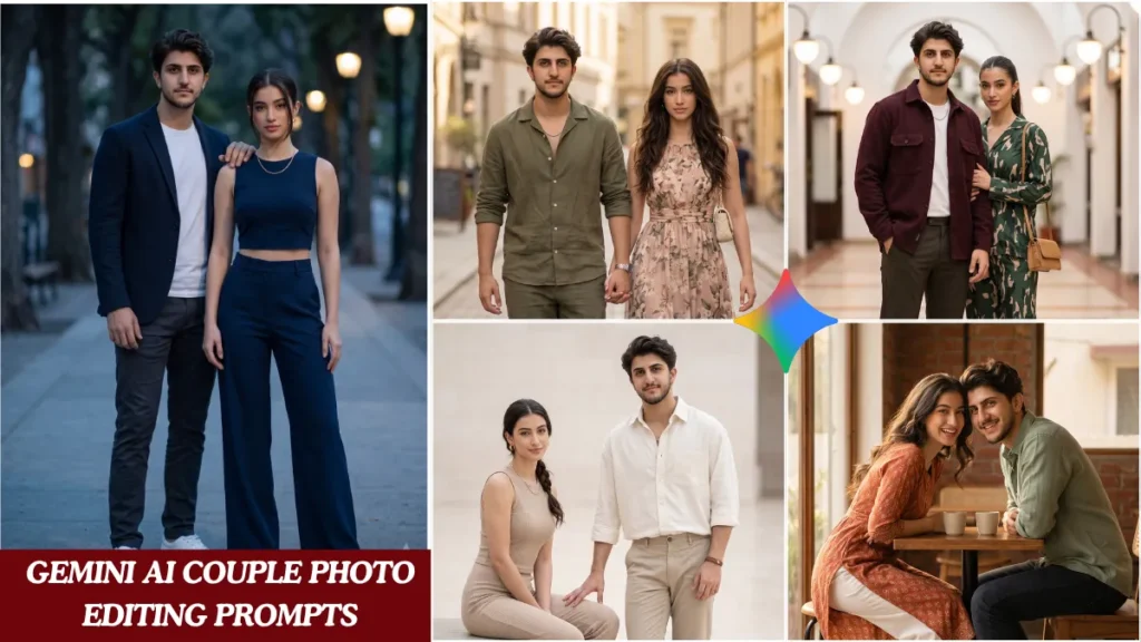 A cinematic couple portrait generated using Gemini AI couple photo editing prompts, Pinterest-style outfits, warm outdoor lighting, 3:4 vertical frame