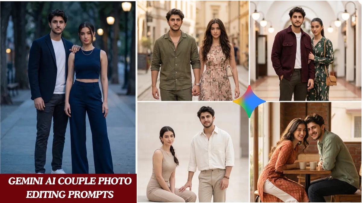 A cinematic couple portrait generated using Gemini AI couple photo editing prompts, Pinterest-style outfits, warm outdoor lighting, 3:4 vertical frame