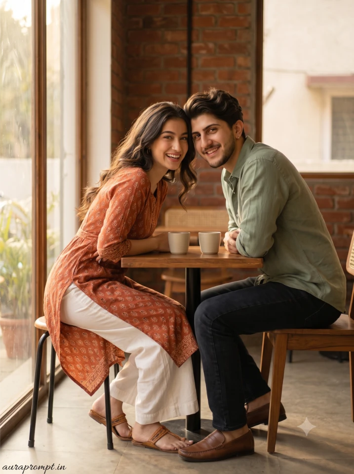 Indian girl in floral dress and boy in linen shirt, romantic AI couple photo editing prompt output, soft bokeh background, editorial style