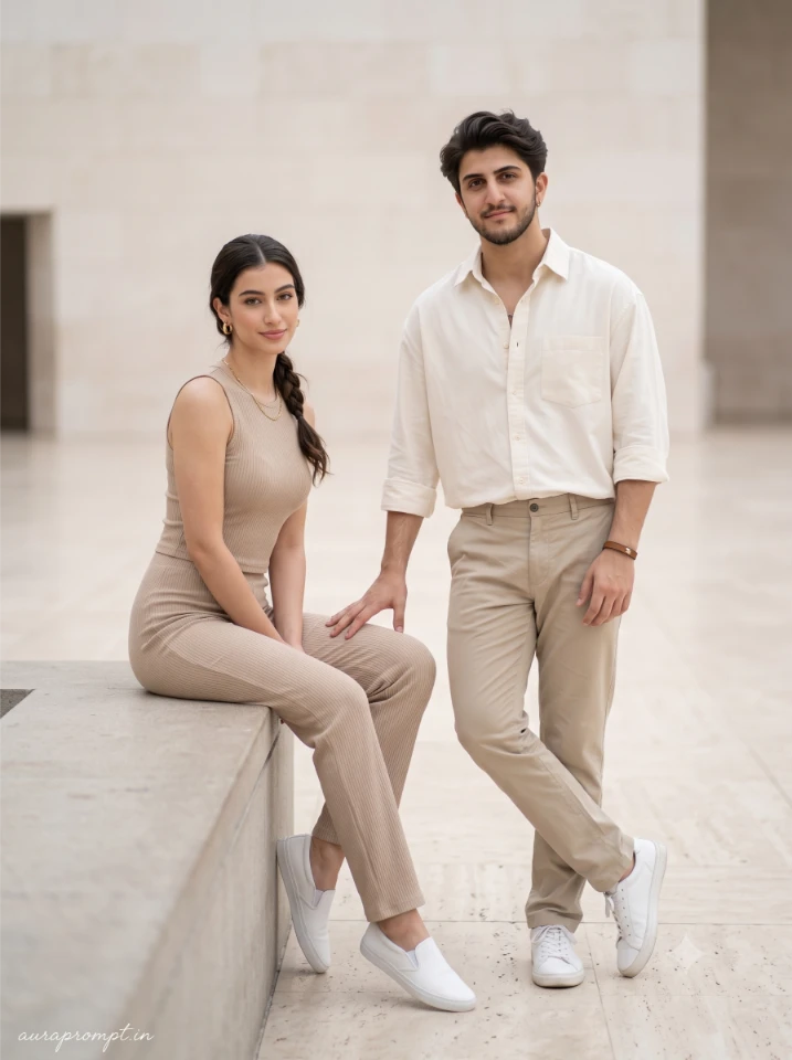 Couple in premium co-ord set posing for Gemini AI couple portrait prompt, warm afternoon light, minimal aesthetic background, 3:4 frame