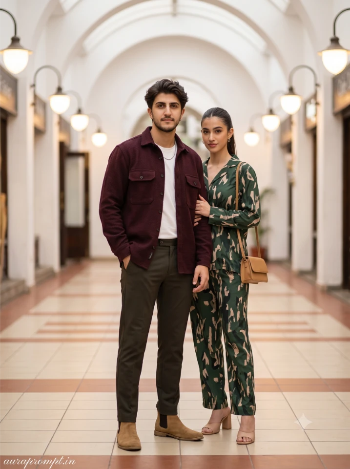 Pinterest-style couple standing close in coordinated dark outfits, Gemini AI image generator prompt result, cinematic depth, vertical portrait