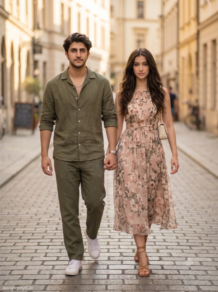 Indian couple in coordinated beige and ivory outfits, cinematic Gemini AI couple photo editing prompt, soft natural light, cobblestone lane background