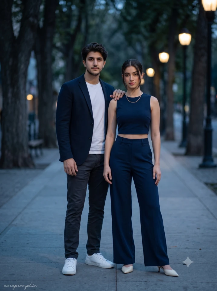 Young Indian couple in dark navy and olive Pinterest outfits, Gemini AI photo prompt result, moody ambient light, urban street setting