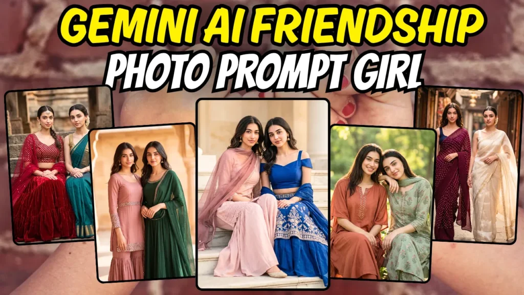 Two Indian best friends in traditional outfits posing for Gemini AI friendship photo prompts in cinematic natural light