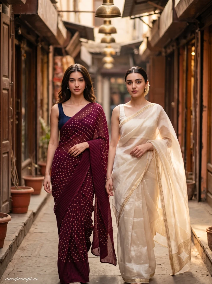 Two Indian girls in deep burgundy Bandhani Saree and ivory Organza Saree walking through a heritage market lane for bestie AI photo prompt