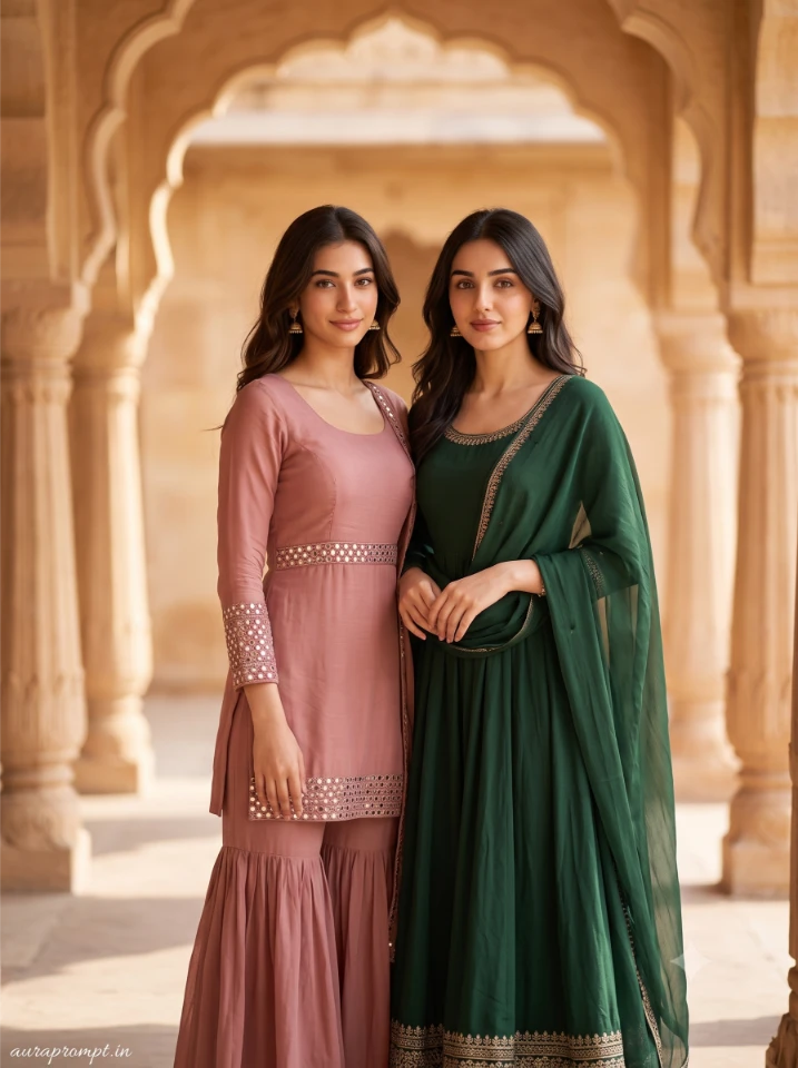 Two Indian girls in deep green Anarkali suit and dusty rose Sharara suit posing at a sunlit heritage courtyard for Gemini AI friendship photo prompts