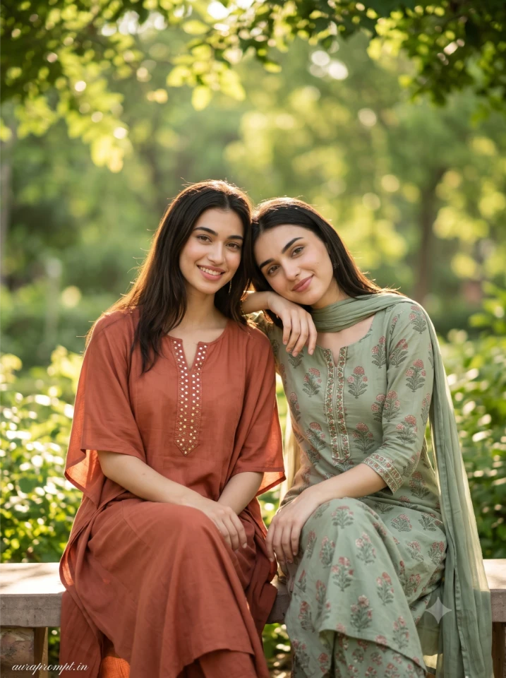 Two best friends in sage Palazzo Kurta Set and terracotta Kaftan Kurta posing at a sunlit open courtyard for Gemini AI bestie photo prompt