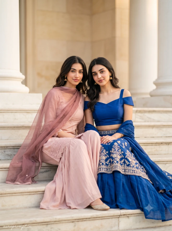 Two Indian girls one in cobalt blue Indo Western Lehenga and one in blush pink Gharara Suit sitting on marble steps for girls friendship photoshoot ideas