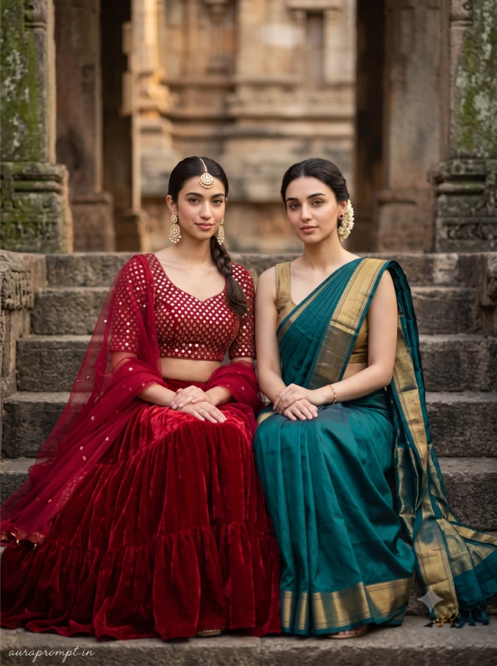 Two Indian girls in teal Kanjivaram Silk Saree and crimson Mirror Work Lehenga seated on ancient temple steps for Gemini AI best friends prompts