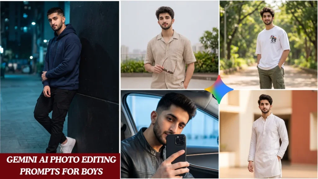 Collage of 5 Gemini AI photo editing prompts for boys showing cinematic Pinterest-style Instagram DP results with branded outfits and editorial lighting