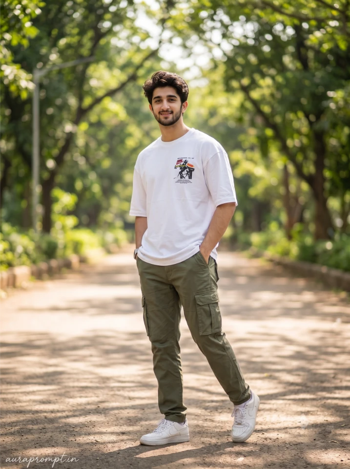 AI prompt for boys profile picture showing Indian guy in olive cargo pants and branded hoodie with wide angle foreground depth and Pinterest pose