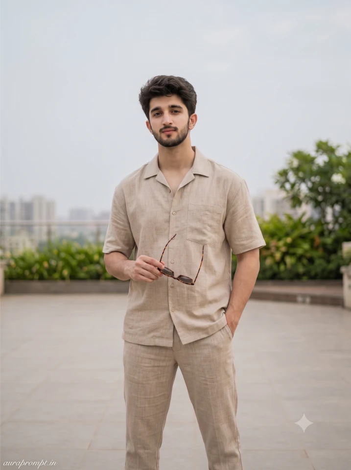 Instagram DP AI prompt for boys showing confident guy in beige linen co-ord set with soft overcast natural light and editorial magazine expression