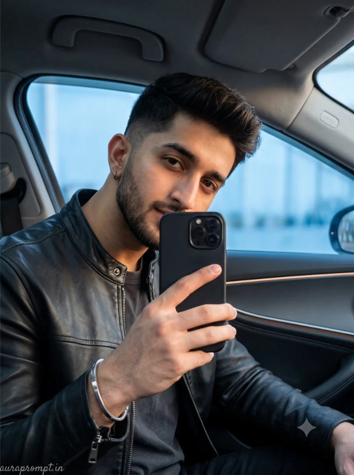 Trending AI DP prompt for Instagram boys featuring young man in black leather jacket with car interior selfie setup and moody cinematic lighting