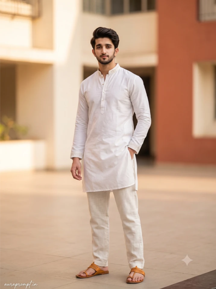 Gemini AI photo editing prompt for boys showing Indian guy in white designer kurta standing in warm afternoon courtyard light with editorial pose