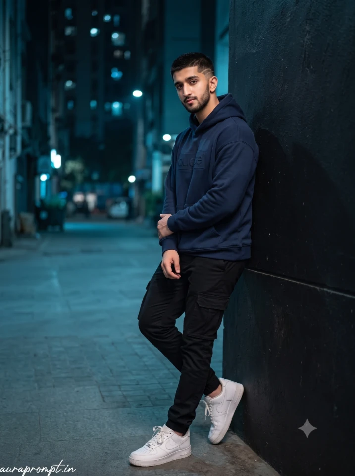 Boys AI photo editing prompt result showing young man in dark navy streetwear outfit with cinematic bokeh background and sharp Pinterest-style DP look