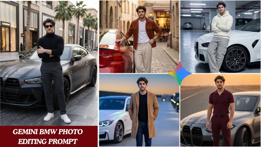 A collage of 5 Gemini BMW photo editing prompt results showing Indian boys in Pinterest-style outfits beside BMW M4 and BMW G80 M3 in cinematic hyper-realistic lighting for Instagram 2026