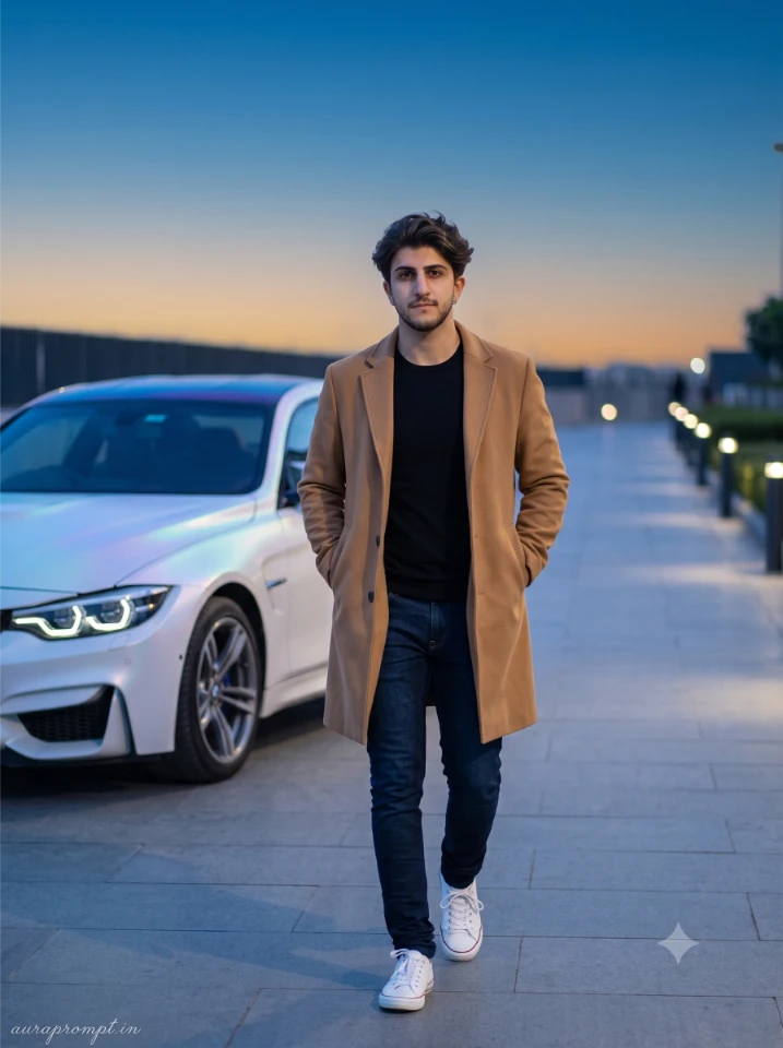 Boy in camel wool coat and dark slim jeans with hands in pockets beside a pearl white BMW M4 on a premium city walkway at dusk — BMW M4 AI photo editing prompt Pinterest aesthetic result