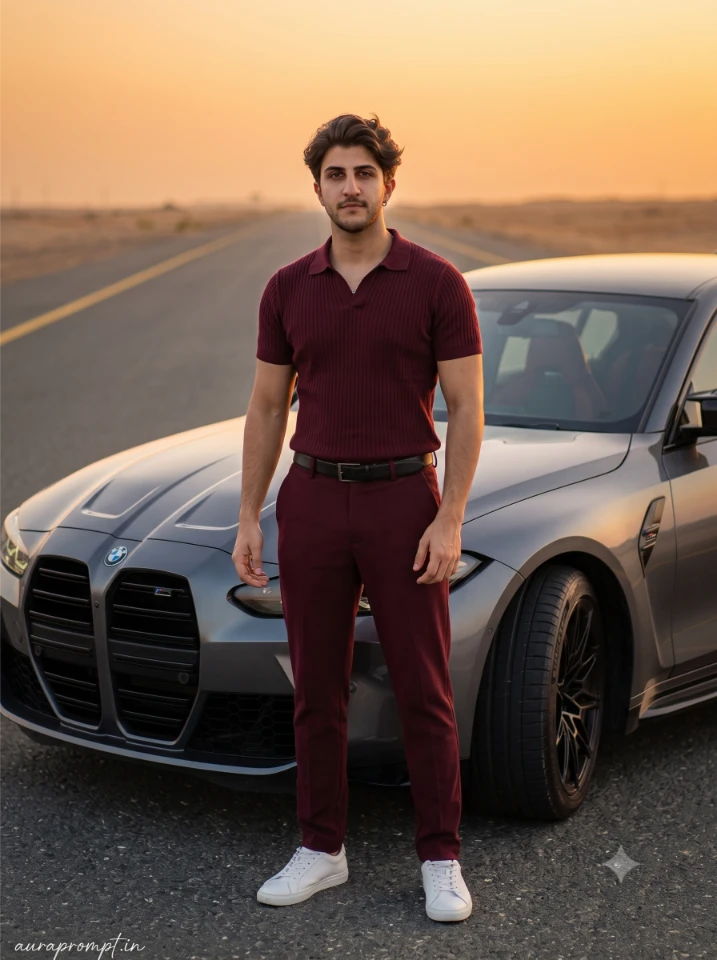 Indian creator in burgundy co-ord set and white sneakers standing beside a gunmetal grey BMW G80 M3 in an open desert highway — luxury BMW photoshoot prompt golden hour editorial output