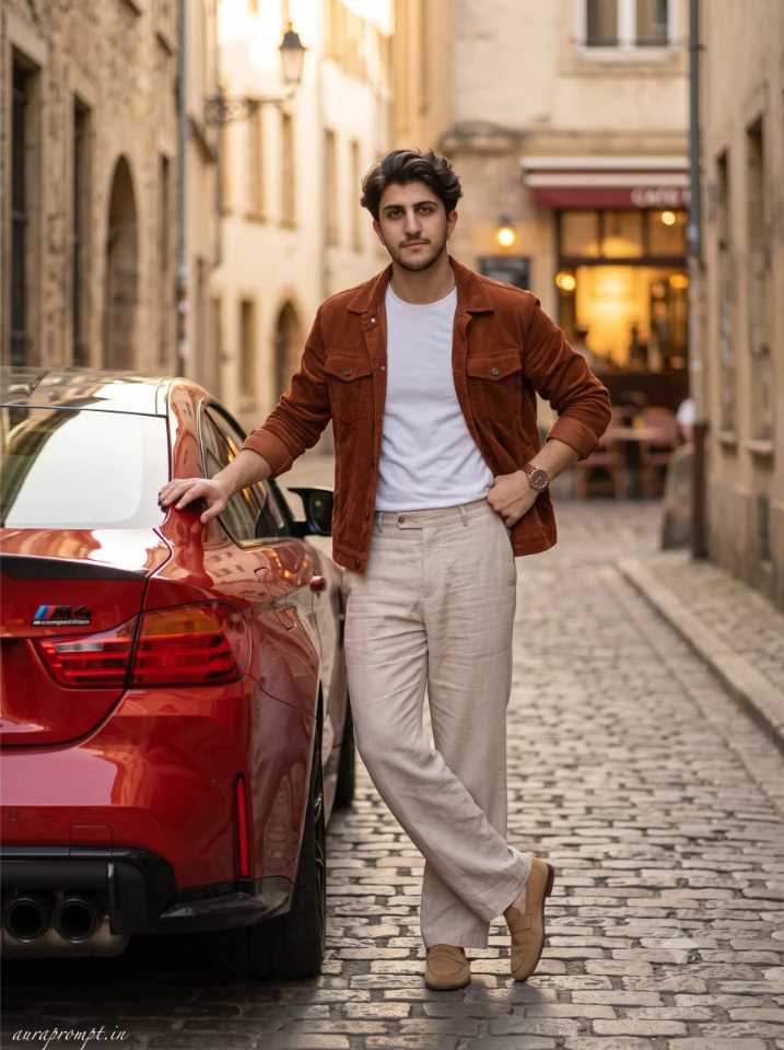 Indian boy in rust brown corduroy jacket and wide-leg beige trousers leaning against a red BMW M4 on a cobblestone European street — Gemini BMW photo editing prompt Pinterest style cinematic output