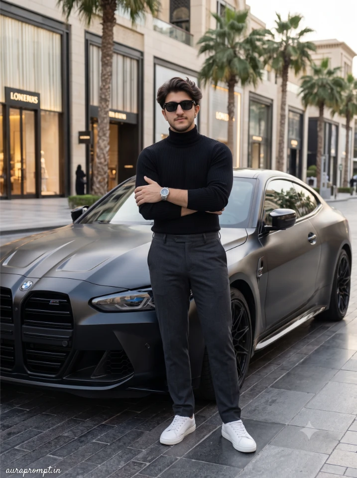 Indian boy in black turtleneck and charcoal trousers beside matte black BMW M4 on a premium boulevard Gemini BMW photo editing prompt hyper realistic result