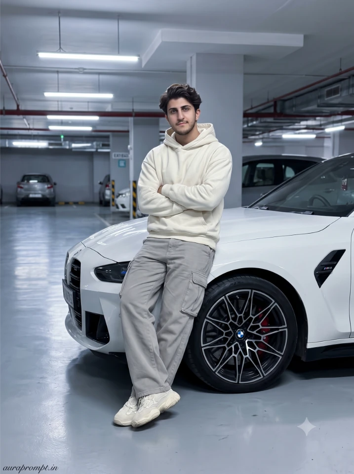 Stylish boy in cream oversized hoodie and cargo pants leaning against white BMW G80 M3 in an industrial parking garage Nano Banana BMW prompt cinematic output