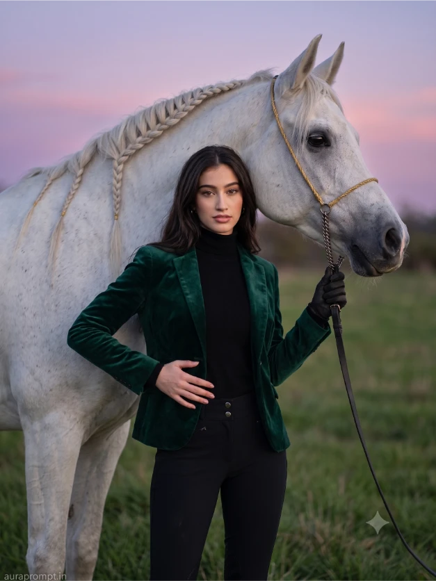 Indian girl in deep emerald velvet jacket and black breeches gently embracing a white Arabian horse at dusk using Gemini AI Horse Photo Prompt 2026