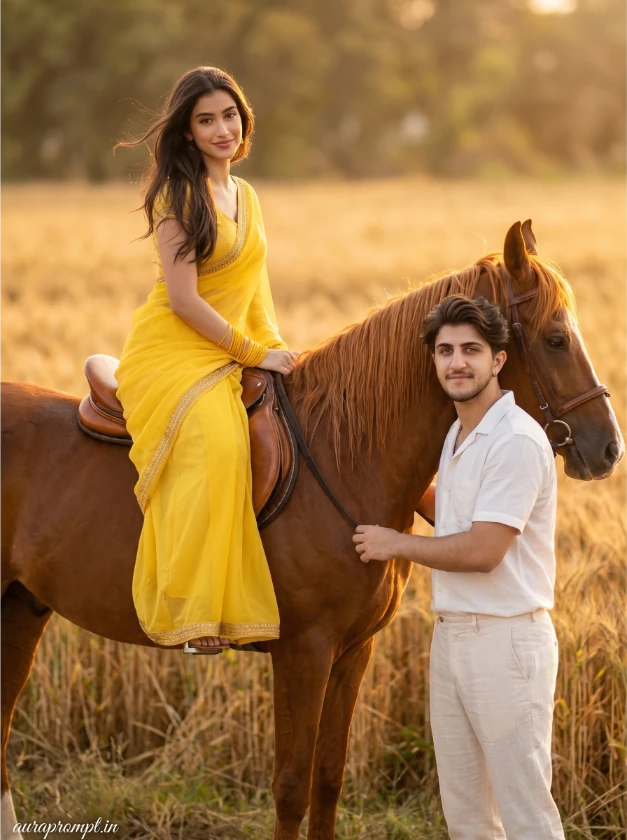 Indian girl in bright yellow chiffon saree sitting on a chestnut horse beside a stylish Indian man in white linen shirt in a romantic cinematic couple Gemini Horse Lover AI Photo Editing Prompt scene
