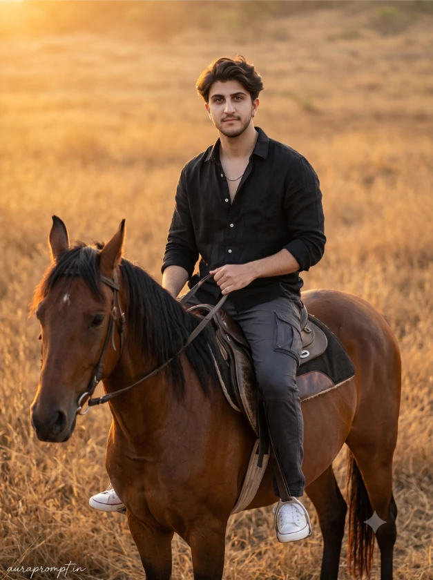 Indian boy in black linen shirt and dark cargo trousers riding a powerful bay horse mid-stride with cinematic motion blur using Horse Riding AI Photo Editing Prompt