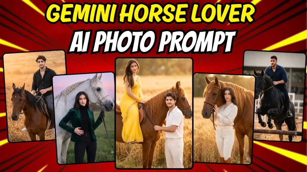 Collage of 5 viral Gemini Horse Lover AI Photo Editing Prompt results showing Indian girls and boys in cinematic equestrian scenes with majestic horses