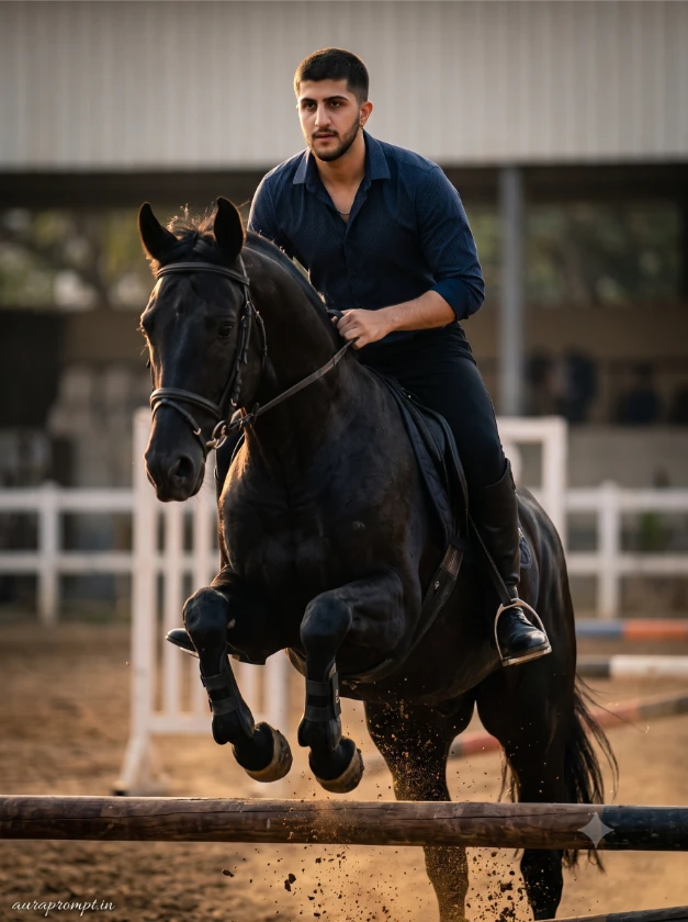 Indian boy in dark navy kurta and premium jodhpurs on a black horse jumping over an obstacle using Viral Horse Photo Prompt Copy Paste