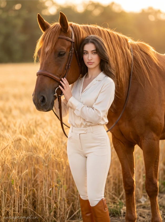Indian girl in cream silk blouse and tailored ivory jodhpurs standing beside a chestnut horse in golden afternoon light using Gemini Horse Lover AI Photo Editing Prompt