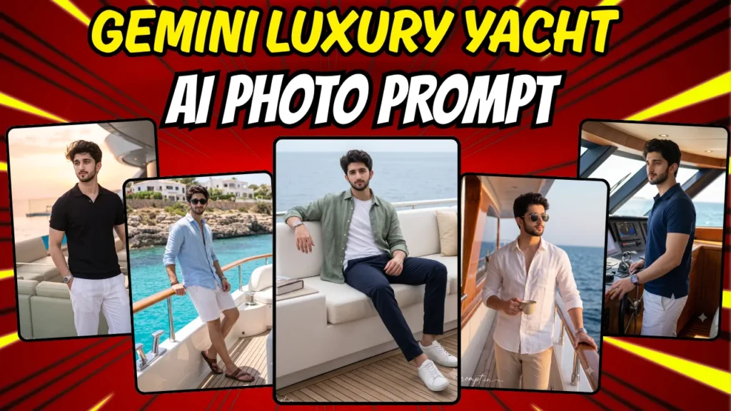 These 5 Gemini luxury yacht AI photo prompts for boys turn any selfie into a cinematic billionaire lifestyle shot.