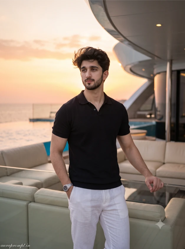 Indian boy in black designer polo and white trousers leaning on a yacht infinity pool railing at sunset Gemini AI yacht photo editing prompt 2026