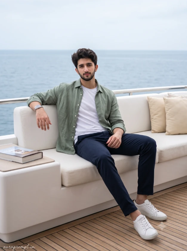 Indian man in sage green overshirt and dark navy chinos seated on a white yacht lounge sofa against a calm flat steel-blue ocean Gemini AI yacht lifestyle portrait prompt cinematic