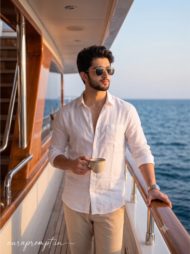 Young man in white linen shirt and beige trousers on a yacht front deck at golden hour Gemini luxury yacht AI photo prompt for boys