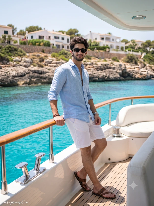 Stylish man in light blue linen shirt on Mediterranean yacht deck with turquoise ocean background viral yacht photoshoot prompt for men