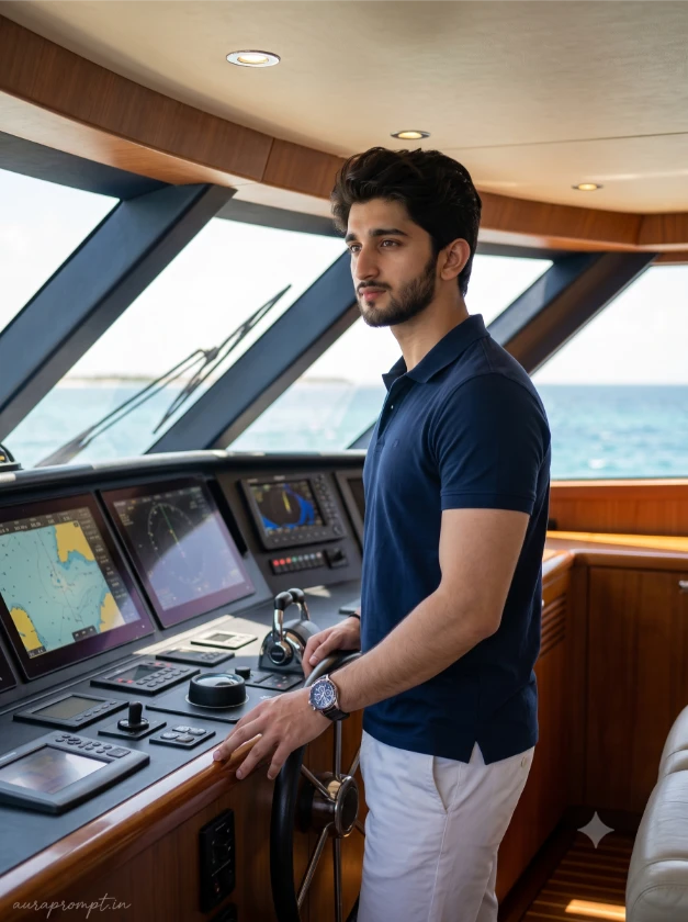 Young Indian creator in cream linen suit standing on yacht bow during dramatic golden hour AI luxury lifestyle portrait prompt for boys