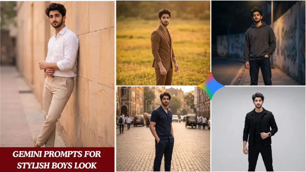 Stylish Indian boy in Pinterest-inspired dark outfit generated using Gemini prompt generator with cinematic natural lighting