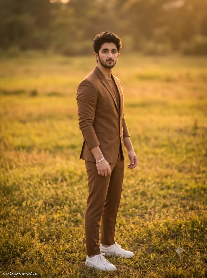 Pinterest-style Indian boy in premium brown co-ord set with bokeh background generated with Gemini AI photo editing prompt