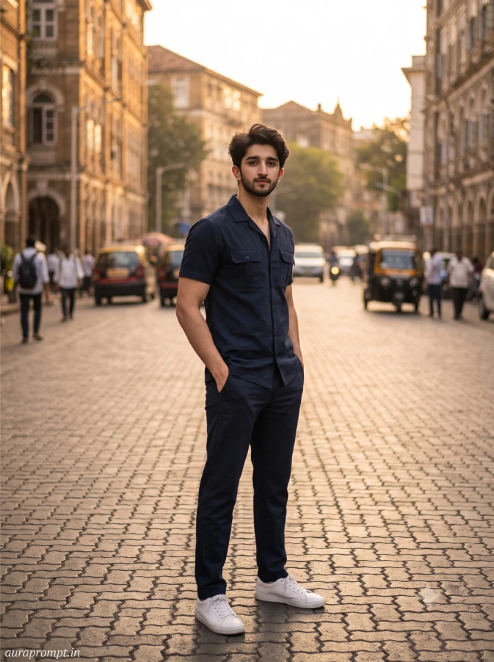 Indian boy in olive cargo pants and white tee posing against a warm amber background using Gemini AI photo prompt generator