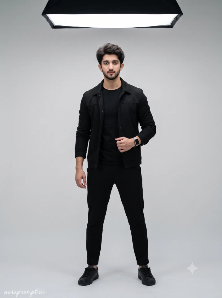Confident Indian boy looking directly into camera in charcoal outfit with cinematic golden light from Gemini copy paste prompt
