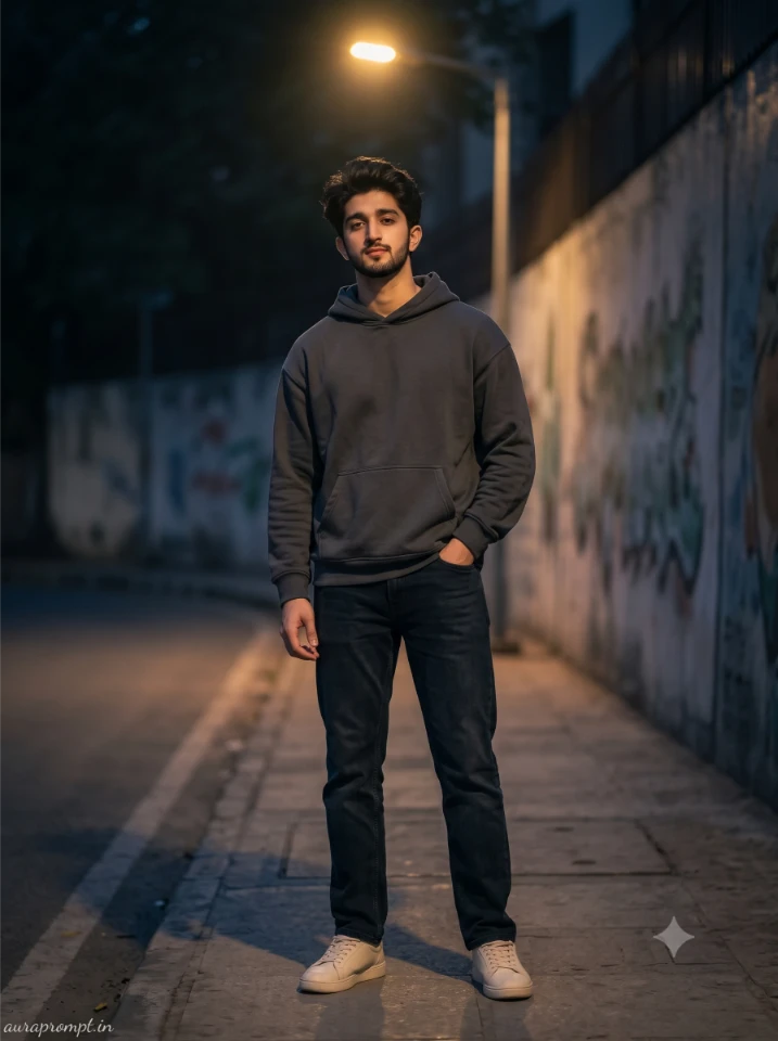 Young Indian man in fitted black streetwear with sharp jawline detail created using best boy Gemini prompt 2026