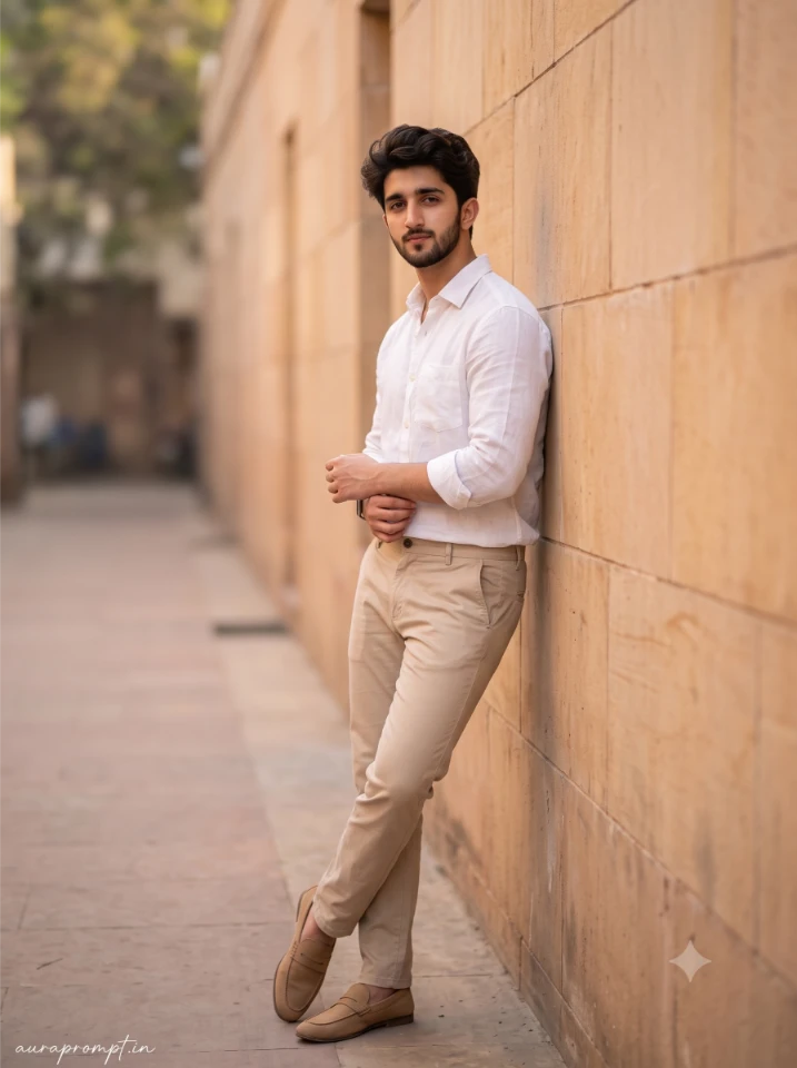 Stylish boy in dark navy Pinterest outfit with natural skin texture captured in soft studio light via Gemini photo prompt