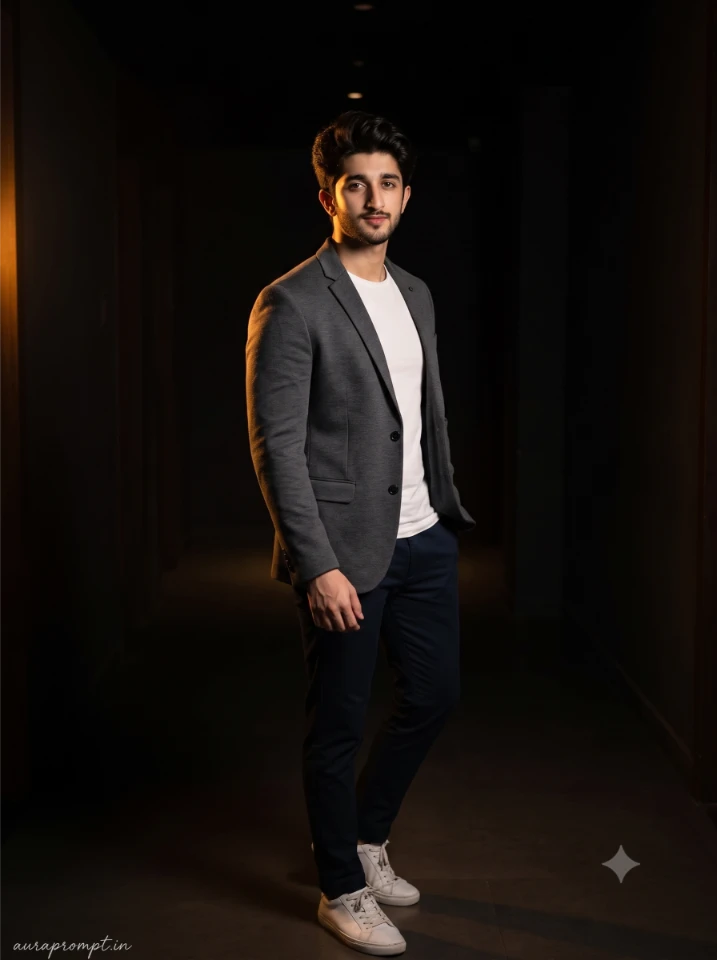 Gemini Prompts for Boys Night Party Look charcoal grey structured blazer with white tee dramatic side lit editorial portrait