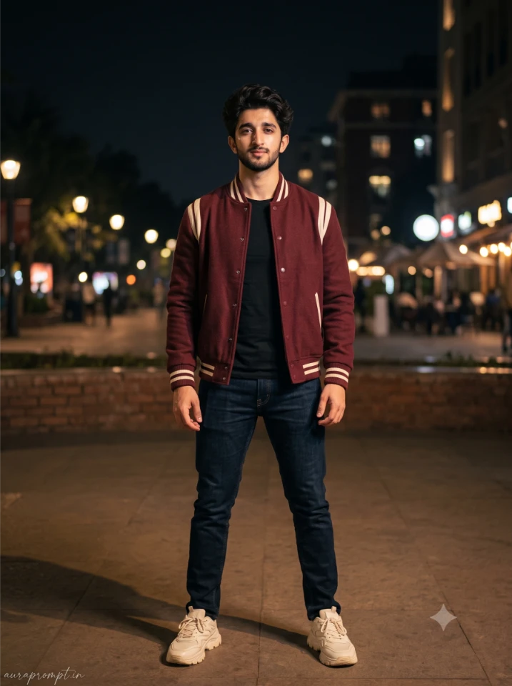 Gemini Prompts for Boys Night Party Look burgundy varsity jacket with dark jeans hyper realistic skin texture luxury nightlife aesthetic