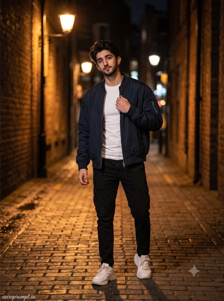 Gemini Prompts for Boys Night Party Look dark navy oversized bomber jacket night party editorial portrait cinematic amber street lighting