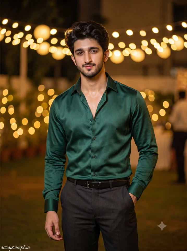 Gemini Prompts for Boys Night Party Look deep green satin shirt with dark trousers warm golden bokeh background Pinterest fashion portrait