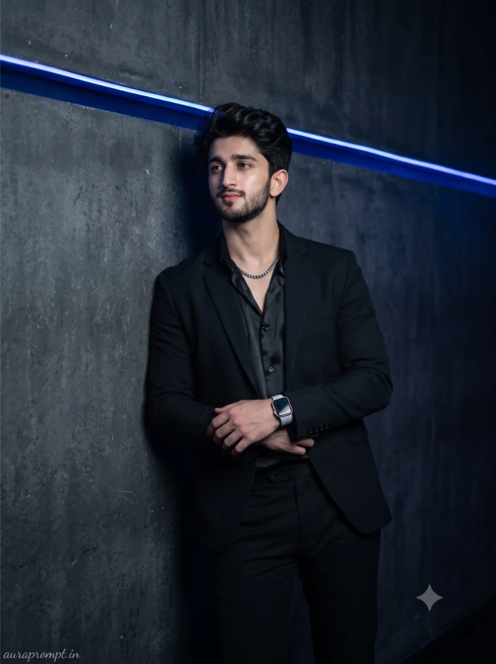 Gemini Prompts for Boys Night Party Look all black fitted co ord set with silver chain accessories moody club lighting