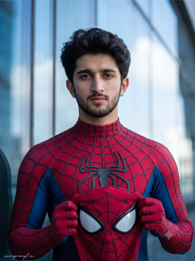 Indian boy in Spider-Man Brand New Day suit pressed against glass skyscraper wall in dramatic close-up portrait, cinematic Spider-Man Brand New Day poster prompt